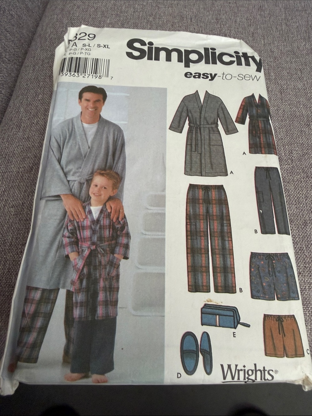 Simplicity Men & Kids Plaid Pajama Robe and Pants Pattern - Red, Gray